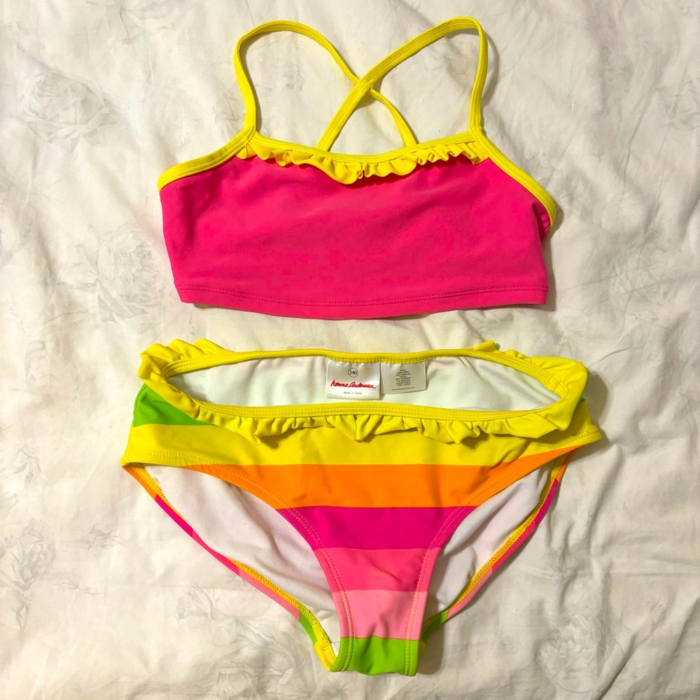 Hanna Andersson Girls Pink and Yellow Ruffled Bikini with Two Different Bottoms